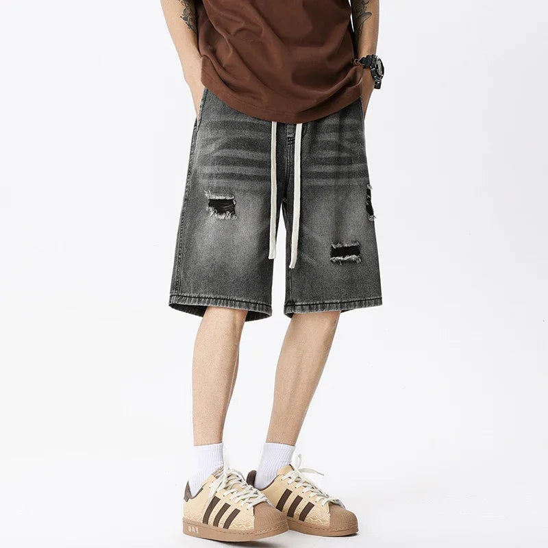 Summer Thin Denim Shorts Men's Retro Streetwear Blue Gray Stretch Straight Loose Fashionable Casual Ripped Short Jeans Men