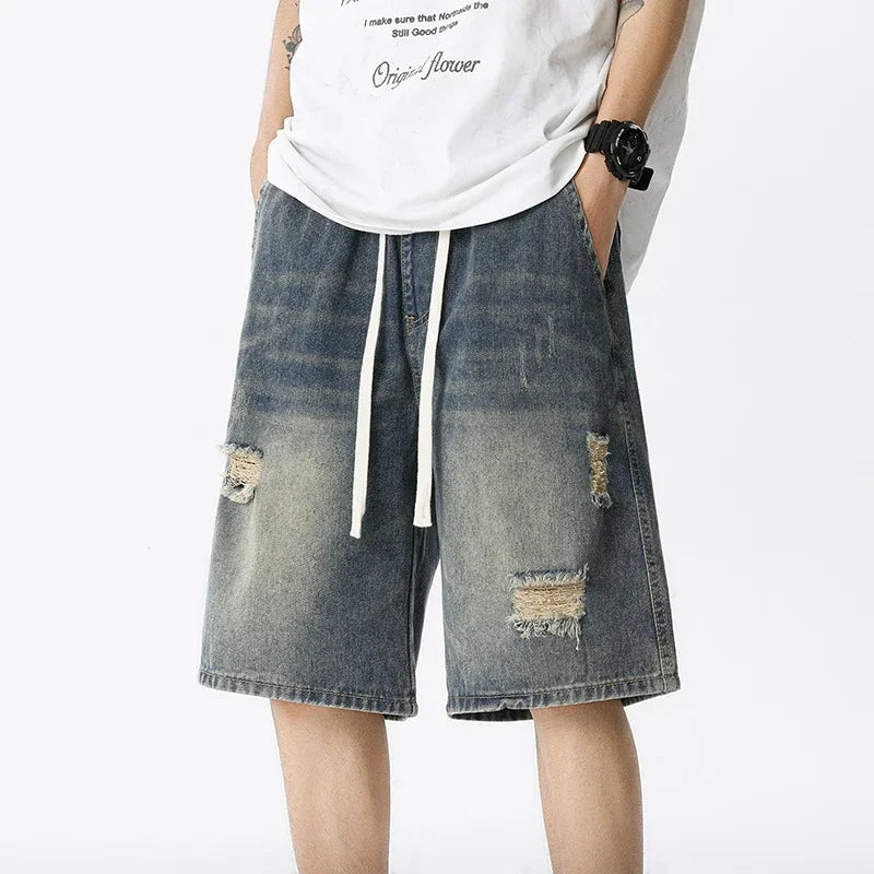 Summer Thin Denim Shorts Men's Retro Streetwear Blue Gray Stretch Straight Loose Fashionable Casual Ripped Short Jeans Men