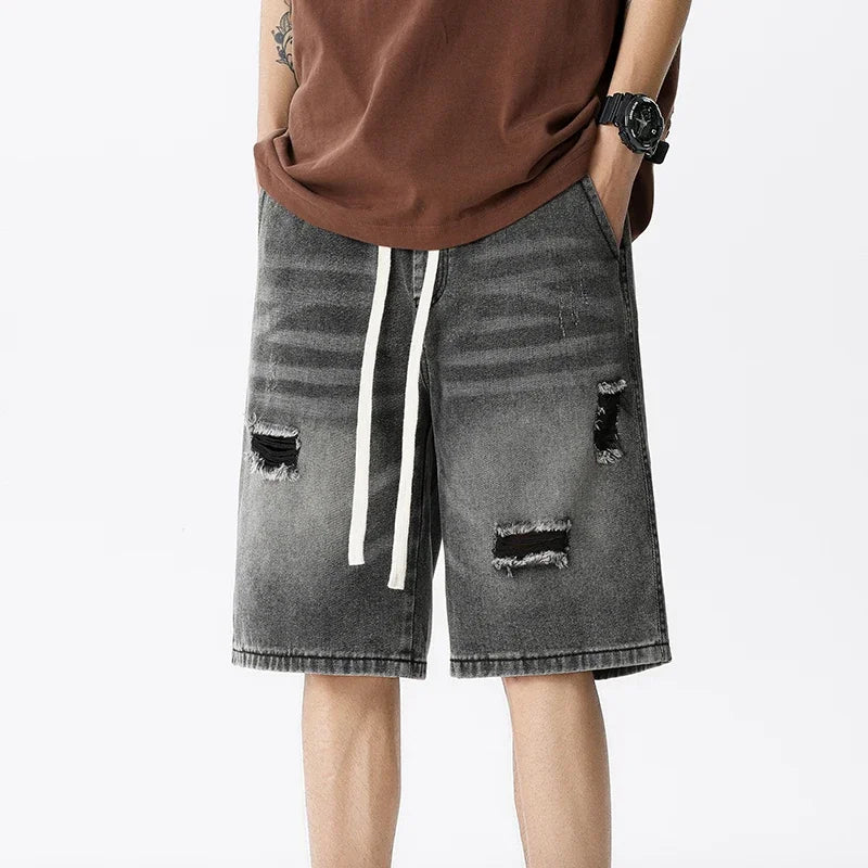Summer Thin Denim Shorts Men's Retro Streetwear Blue Gray Stretch Straight Loose Fashionable Casual Ripped Short Jeans Men