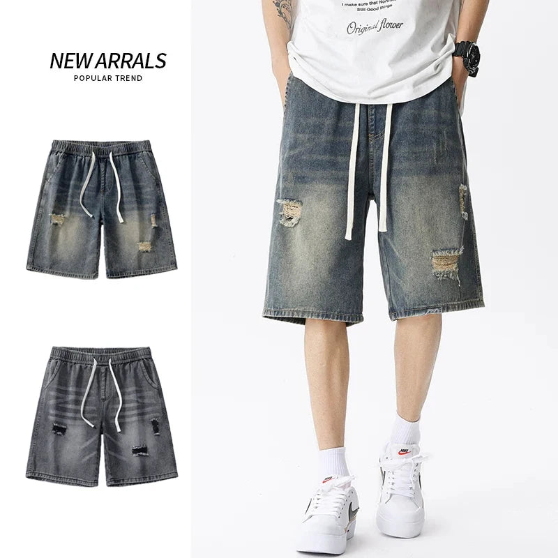 Summer Thin Denim Shorts Men's Retro Streetwear Blue Gray Stretch Straight Loose Fashionable Casual Ripped Short Jeans Men
